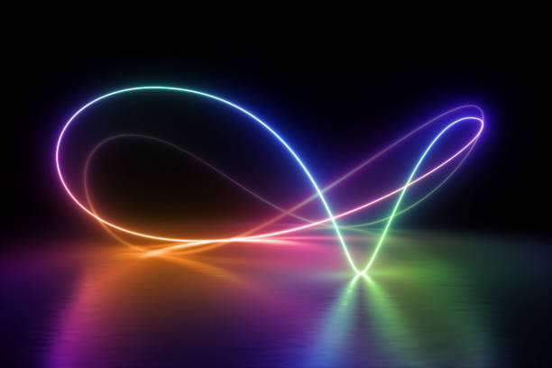 3d 렌더링, 화려한 네온 빛 스펙트럼, 루프, 자외선, 양자 에너지, 핑크 블루 바이올렛 빛나는 라인, 문자열, 추상적인 배경 - 반사 광학 작용 뉴스 사진 이미지