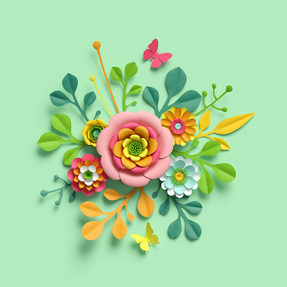 3d render, craft paper flowers, Mother's Day floral bouquet, yellow dahlia, botanical arrangement, bright candy colors, nature clip art isolated on mint green background, decorative embellishment