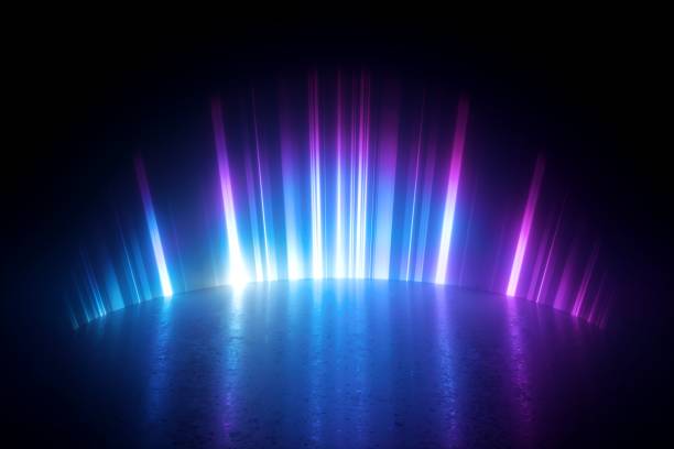 3d teruggegeven, digitale illustratie. abstracte neon lichte achtergrond. gloeiende blauwe violette stralen op leeg stadium. plasma-effect - magic backgroun stockfoto's en -beelden