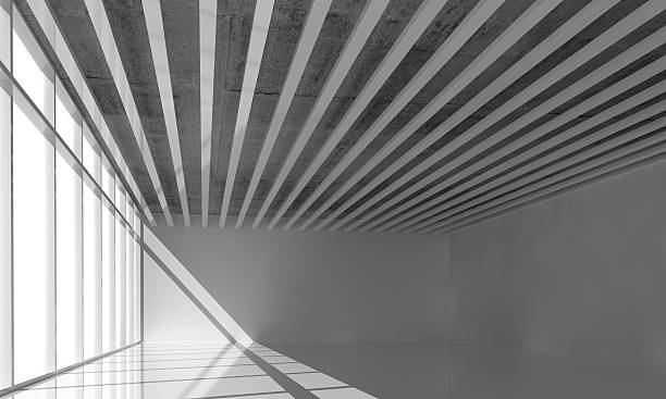 rendu 3d intérieur, vide avec plafond de la décoration - fond studio minimaliste beton photos et images de collection