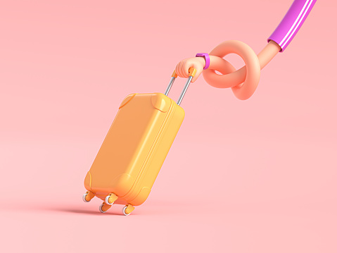 3d render, funny cartoon character flexible hand with bag, clip art isolated on pink background. Airport trip metaphor, tourism concept disclosure