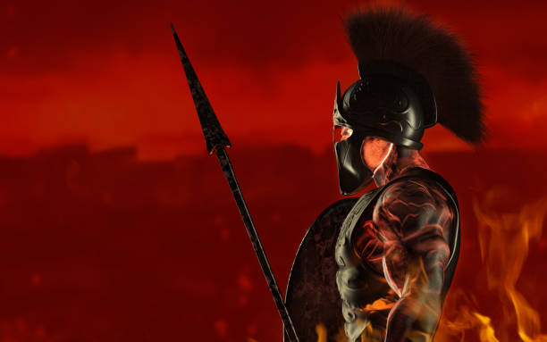 3d render illustration of spartan fire demigod. 3d render illustration of spartan fire king demigod in armor and helmet, holding spear and shield on red background. ares god of war stock pictures, royalty-free photos & images