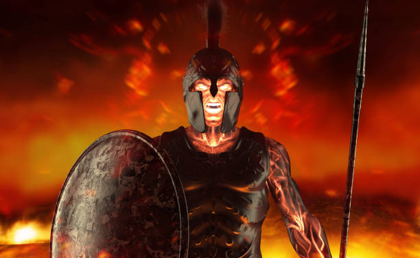 3d render illustration of spartan fire demigod. 3d render illustration of spartan fire king demigod in armor and helmet, holding spear and shield on battlefield background. images of ares god of war stock pictures, royalty-free photos & images