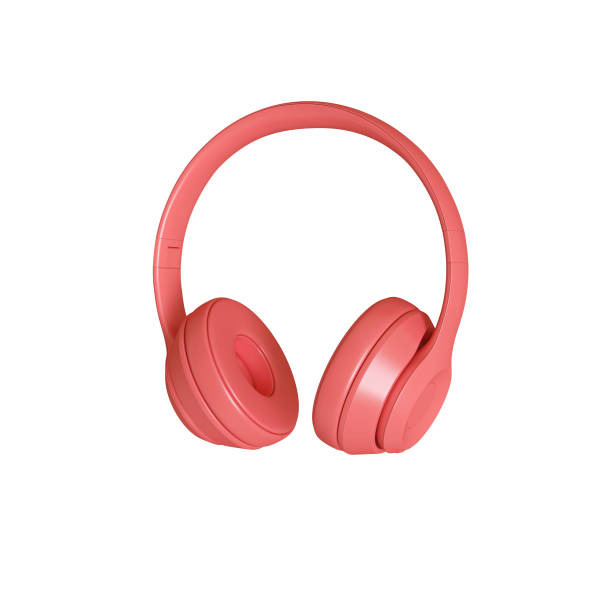 imagen de renderización 3d de auriculares de audio modernos de color coral en un blanco - auriculares equipo de música fotografías e imágenes de stock