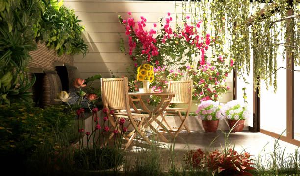 3d render miniaturgarten - balkon stock-fotos und bilder
