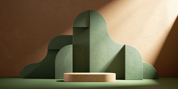 3d render, modern minimal showcase with empty podium and abstract green geometric shapes isolated on terracotta background and illuminated with sunlight rays