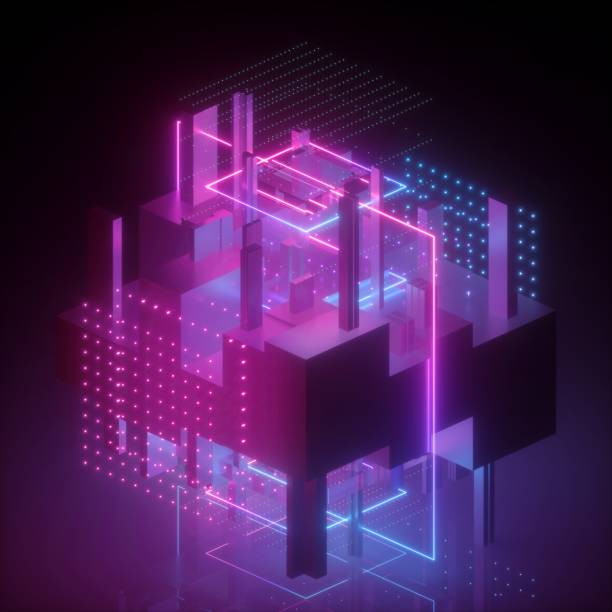 3d render, neon abstract background, geometric cubic shapes in ultraviolet, virtual blueprint, pink blue glowing light, glitch effect, cybernetic system, futuristic computing technology 3d render, neon abstract background, geometric cubic shapes in ultraviolet, virtual blueprint, pink blue glowing light, glitch effect, cybernetic system, futuristic computing technology hackathon stock pictures, royalty-free photos & images