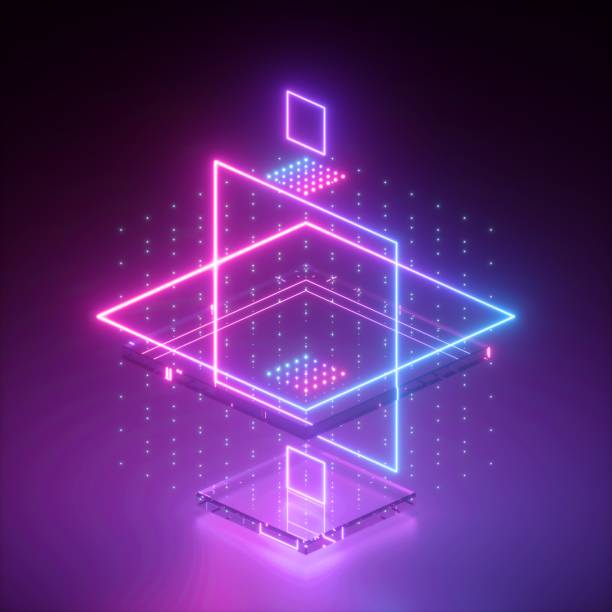 3d render, neon abstract background, geometric shapes in ultraviolet, digital grid, virtual blueprint, pink blue glowing light, glitch effect, cybernetic system, futuristic computing technology 3d render, neon abstract background, geometric shapes in ultraviolet, digital grid, virtual blueprint, pink blue glowing light, glitch effect, cybernetic system, futuristic computing technology digital composite stock pictures, royalty-free photos & images