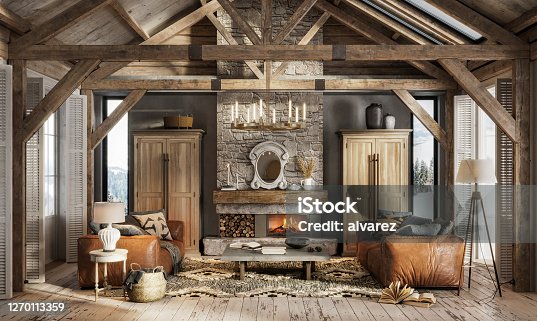 istock 3d render of a luxurious interior of a winter cottage 1270113359