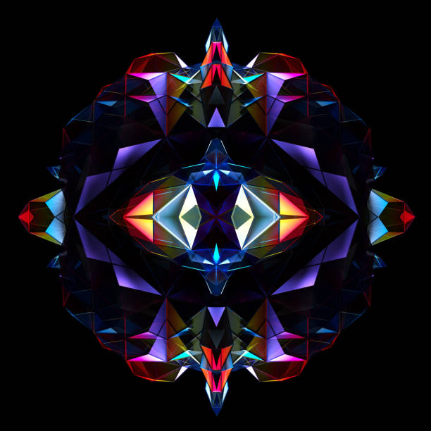 3d render of abstract art with surreal cyber emerald fractal diamond symmetry alien flower based on triangle pyramid shape pattern in purple red and blue gradient color on black background on black background - kaleidoscope fotografías e imágenes de stock