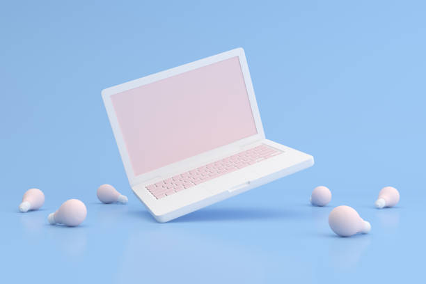 3d render of blank screen laptop, surrounded with light bulbs. stock photo