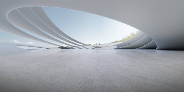 3d render of futuristic concrete architecture with car park, empty cement floor. stock photo