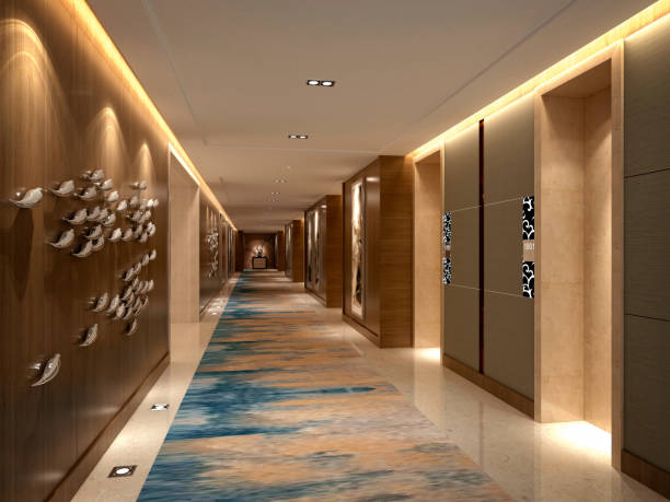 3d render of hotel floor corridor stock photo