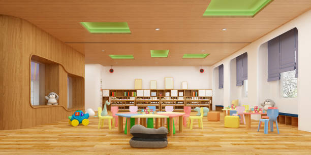 3d render of kindergarten room, kids school interior stock photo