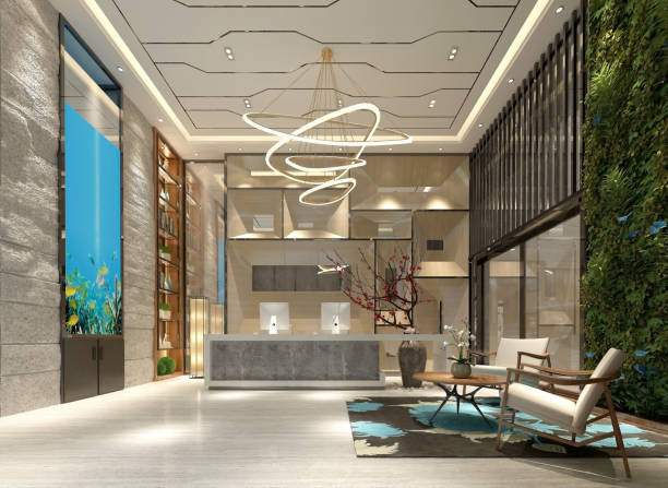 3d render van luxe hotel lobby entree ontvangst - lobby stockfoto's en -beelden
