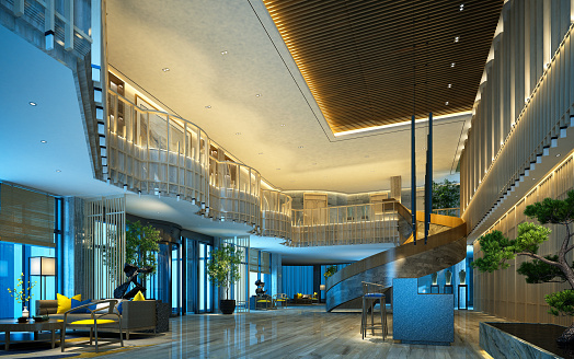 3d render of luxury hotel reception and lobby