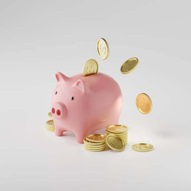3d render of piggy bank with dropping coins, Financial concept. stock photo