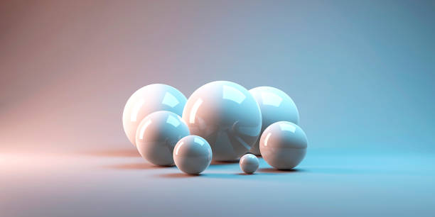 3d render of several sized reflected spheres inside a white studio stock photo