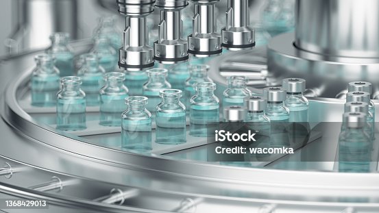 istock 3d render. Pharmaceutical manufacture background with glass bottles with clear liquid on automatic conveyor line. COVID-19 mRNA vaccine production platform. 1368429013
