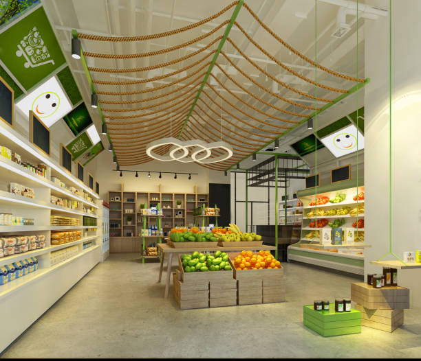 3d render supermarket 3d render supermarket, food store. market retail space stock pictures, royalty-free photos & images