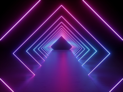 3d render, ultraviolet neon square portal, glowing lines, tunnel, corridor, virtual reality, abstract fashion background, violet neon lights, arch, pink blue vibrant colors, laser show