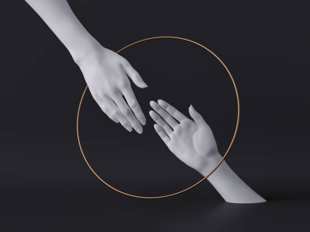 3d render, white female hands isolated, luxury fashion background, helping hands inside round frame, golden ring, mannequin body parts, feminist, partnership concept, clean minimal design  sculpture stock pictures, royalty-free photos & images