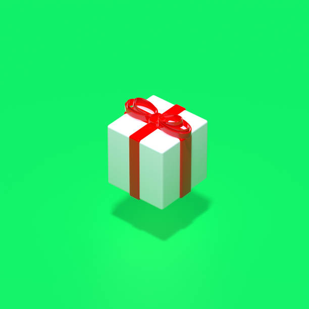 3d render. Xmas gift box flying above green pastel background with shadow. Winter holidays concept.  Surreal art. stock photo