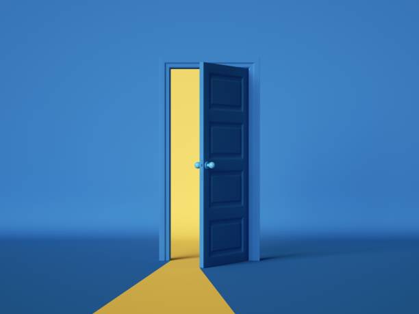3d render, yellow light going through the open door isolated on blue background. architectural design element. modern minimal concept. opportunity metaphor. - door imagens e fotografias de stock