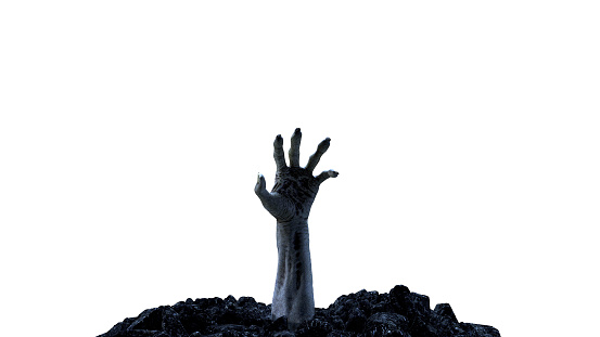 3d render Zombie hand crawling out of the ground in 4k