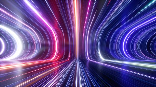 renderização 3d, fundo cósmico abstrato, raios de neon ultra violeta, linhas brilhantes, rede cibernética, velocidade da luz, contínuo espaço-tempo - lights - fotografias e filmes do acervo
