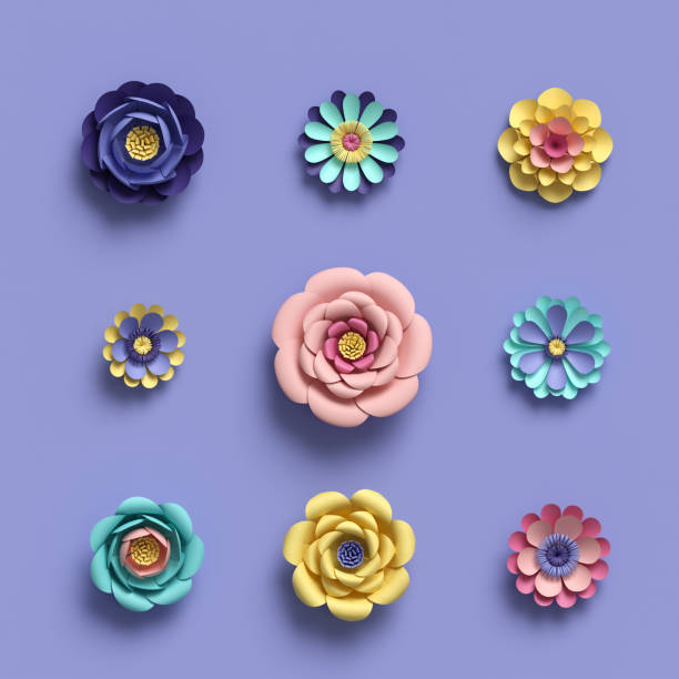 3d-rendering, godis abstrakt papercraft blommig isolerade element, botanisk bakgrund, papper blommor set, pastell färger, ljusa nyans palett - palettblad bildbanksfoton och bilder