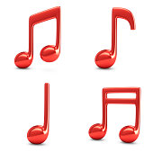 3d Rendering Four Red Music Notes isolated on white background.