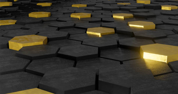 3d rendering - gold hexagons that emerge from other black raw metal hexagons stock photo