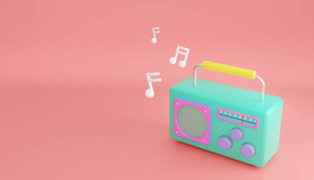 3d rendering. Minimal concept. cartoon green colored retro radio isolated on pink background. stock photo