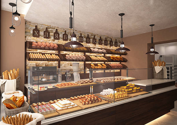 3d rendering of a bakery shop interior - bakkerij stockfoto's en -beelden