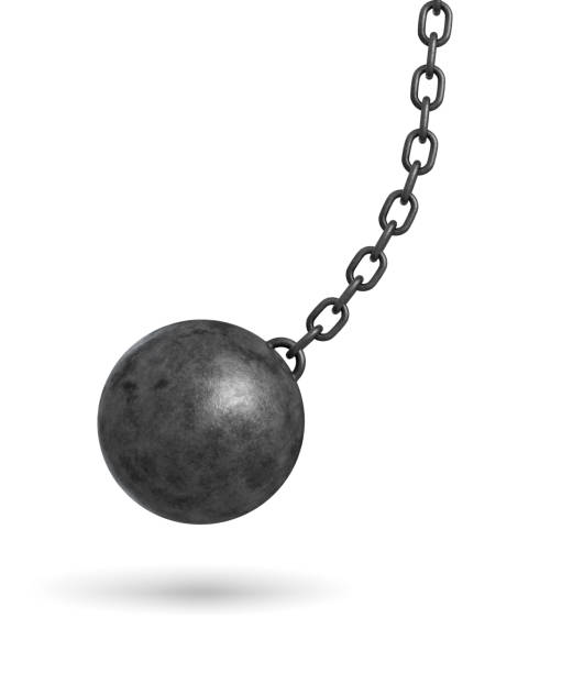 3d rendering of a dark black wrecking ball hanging from a chain and swinging in one side stock photo