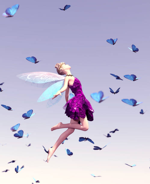 3d rendering of a fairy flying on the sky surrounded by flock butterflies stock photo