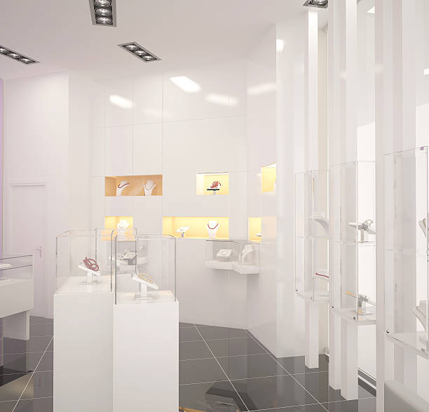 3d rendering of a jewelry store interior design - diamant ring display stockfoto's en -beelden