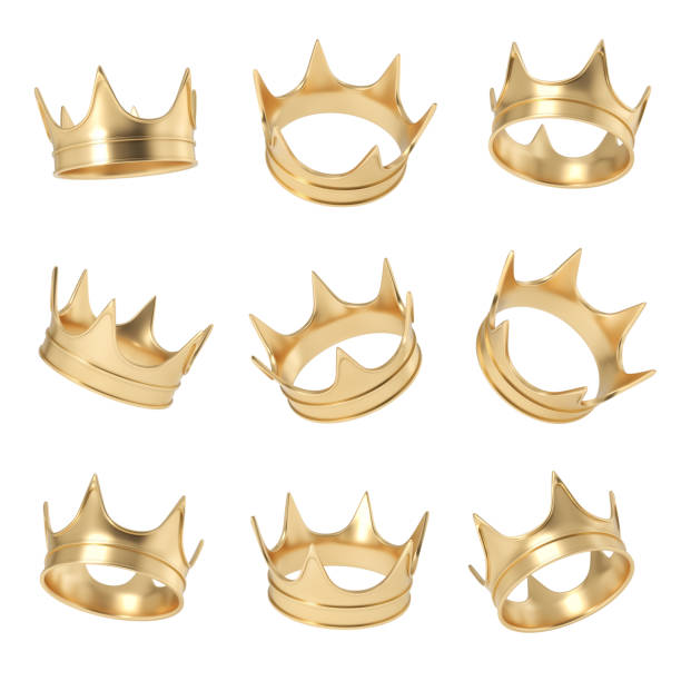 3d rendering of a set made up of several golden crowns hanging on a white background in different angles stock photo