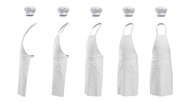3d rendering of a set of white chief's apron a hat shown in five different angles from the viewer. 3d rendering of a set of white chief's apron a hat shown in five different angles from the viewer. Job uniform. Restaurant chef. Head cook. apron stock pictures, royalty-free photos & images