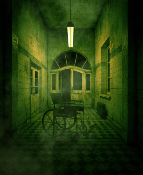 3d rendering of a wheelchair in haunted house or asylum stock photo