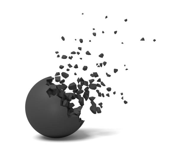 rendering 3d di una palla rotonda nera isolata che si deteriora con piccoli pezzi che volano verso l'alto. - sphere flying foto e immagini stock