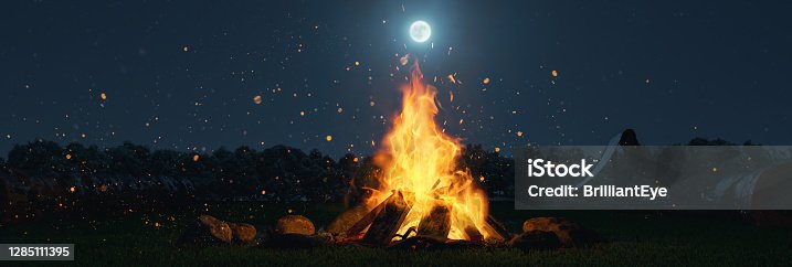 istock 3d rendering of big bonfire with sparks and particles in front of forest and moonlight 1285111395
