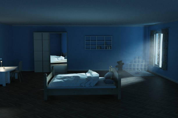 3d rendering of children's room at night with shining bright light ray of moon 3d rendering of children's room at night with shining bright light ray of moon teddy ray stock pictures, royalty-free photos & images