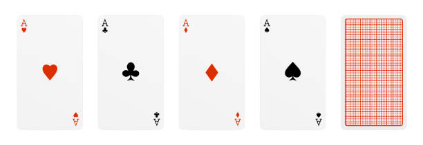 3d-rendering van vijf speelkaarten, waar vier van hen verschillende aces, en één kaart zijn omgedraaid. - aas kaarten stockfoto's en -beelden