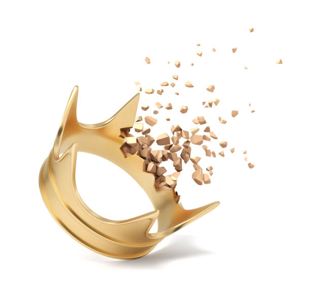 3d rendering of golden crown starting to dissolve in particles on white background. stock photo