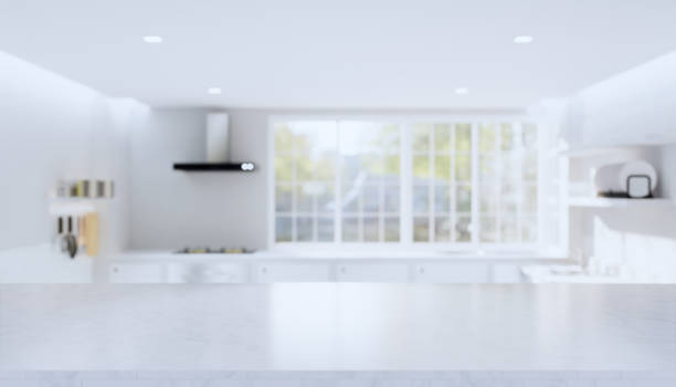3d-rendering von marmor-zähler-produkt-display mit küche verschwommenen hintergrund. - kitchen table stock-fotos und bilder