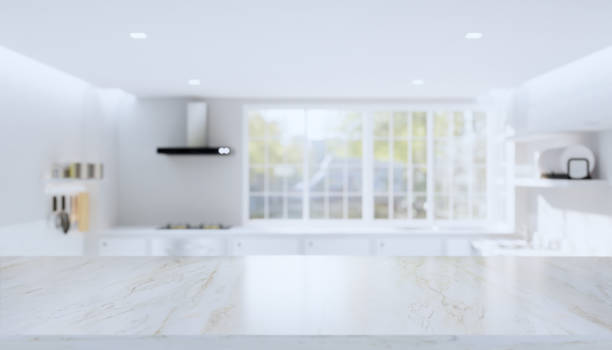 3d-rendering von marmor-zähler-produkt-display mit küche verschwommenen hintergrund. - kitchen table stock-fotos und bilder