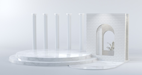 3d rendering of marble podium and Greek columns.