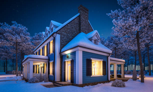3d rendering of modern classic house in colonial style in winter night stock photo
